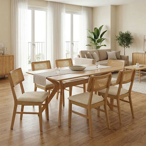Τραπεζαρία Raffles pakoworld σετ 7τεμ rubberwood με pe rattanσε φυσική απόχρωση 150x90x76εκ